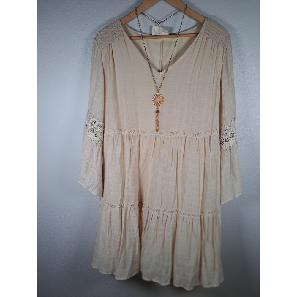 Just Found Beige Tiered Babydoll Dress Crochet Lace Bell Sleeve Plus Size 2X NEW
